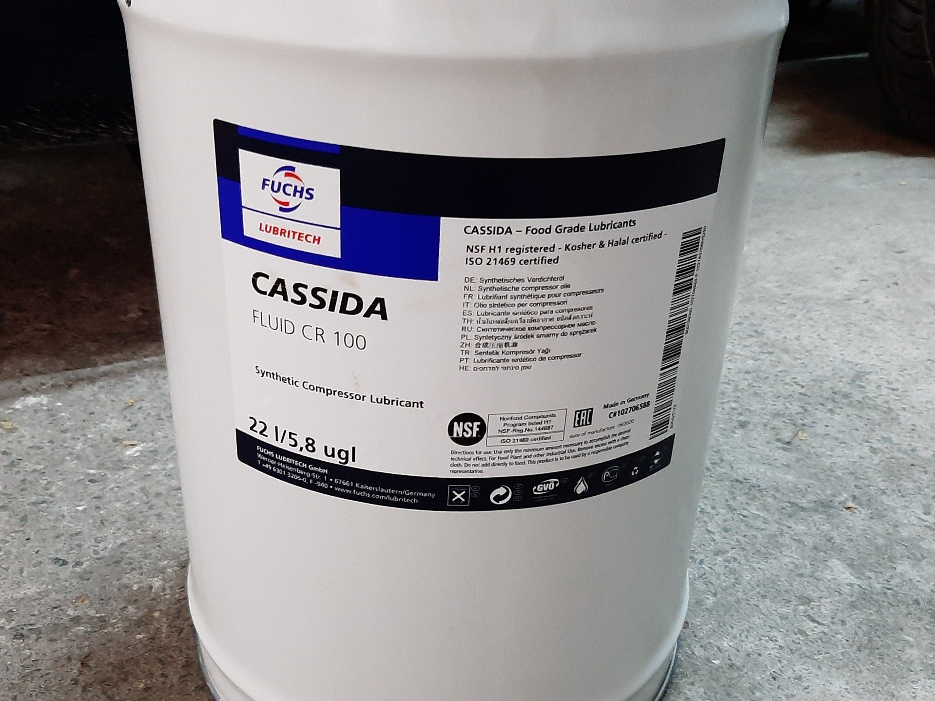 Fuchs Cassida Fluid HF 100, 22L/Pail, Food Grade Hydraulic Oil